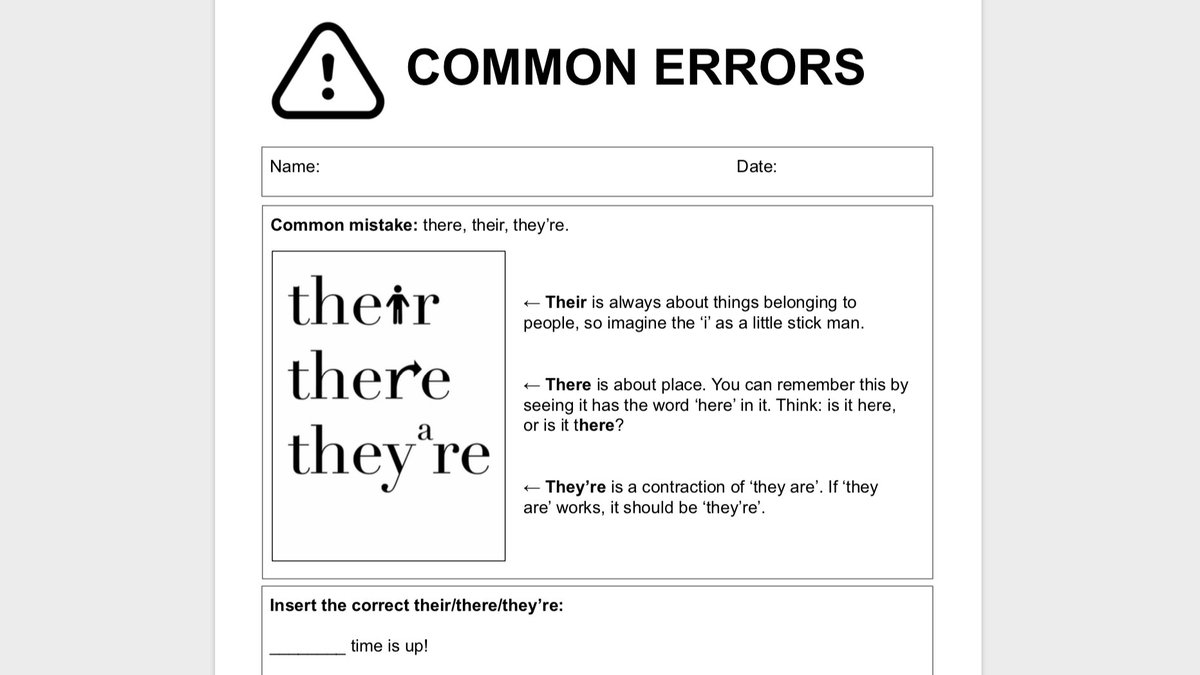 hanthethinks's tweet photo. I should of made these common error worksheets ages ago, it'd definately have saved me alot of bother. Click the link and its their. (See what I did there?)

Help yourself if handy. Good starter/DIRT fodder.#TeamEnglish https://t.co/nA7ZVZZfpk https://t.co/7yTn5jfEYc