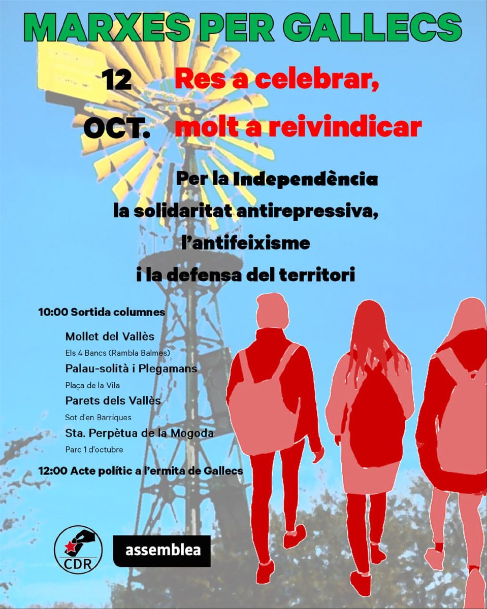 Per la #RepublicaCatalana
Per la #Solidaritat i el #SuportMutu
Per l'#Antifeixisme i 
Per la #DefensaDelTerritori

Aquest 12 d'octubre
No Tenim Res a Celebrar i sí molt per lluitar i tot per guanyar

#MarxesPerGallecs