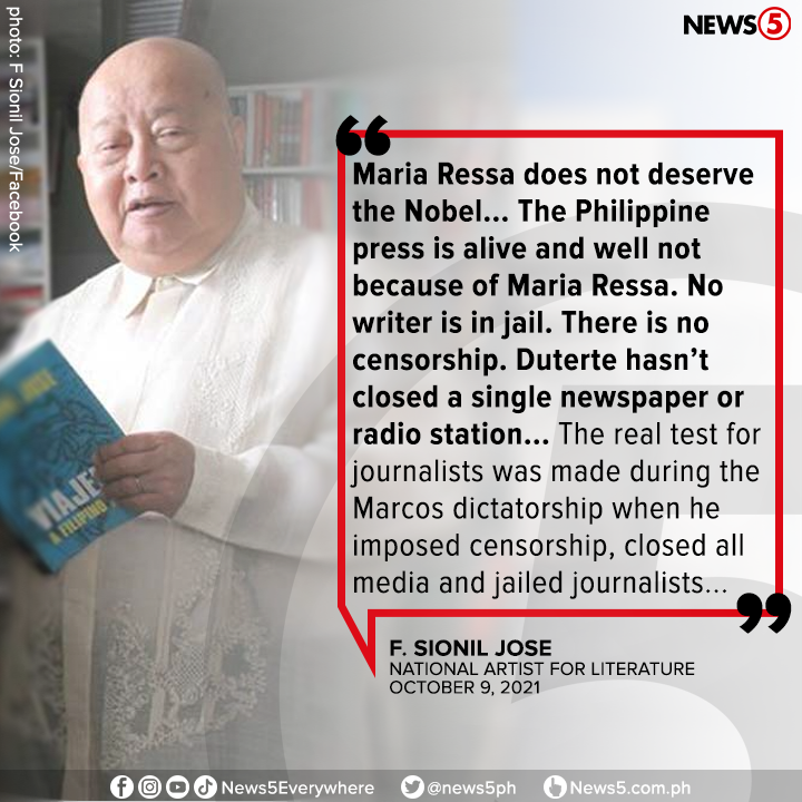 News5PH's tweet photo. HINDI DESERVE NI MARIA RESSA?

Mariing sinabi ni National Artist for Literature at Ramon Magsaysay Awardee F. Sionil Jose na hindi karapat-dapat si Maria Ressa para gawaran ng Nobel Peace Prize. https://t.co/2xzLafe0ye