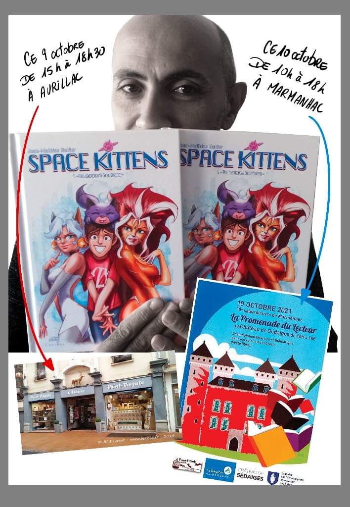 JMXAVIER49's tweet photo. #dedicace #aurillac #spacekittens #librairiepointvirgule aujourd'hui, à la librairie Point Virgule d'Aurillac je dédicaces ma BD Space Kittens. https://t.co/Bsn6aUbYwr