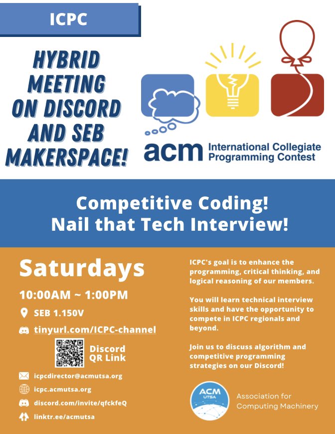 You bring your laptop, and we’ll bring the tacos! 🌮

See you tomorrow 10am-1pm for another ICPC meeting

#utsa #utsaacm #acm #studentsintech #icpc #algorithms #datastructures #computerscience #electricalengineering #computerengineering #informationtechnology #cybersecurity