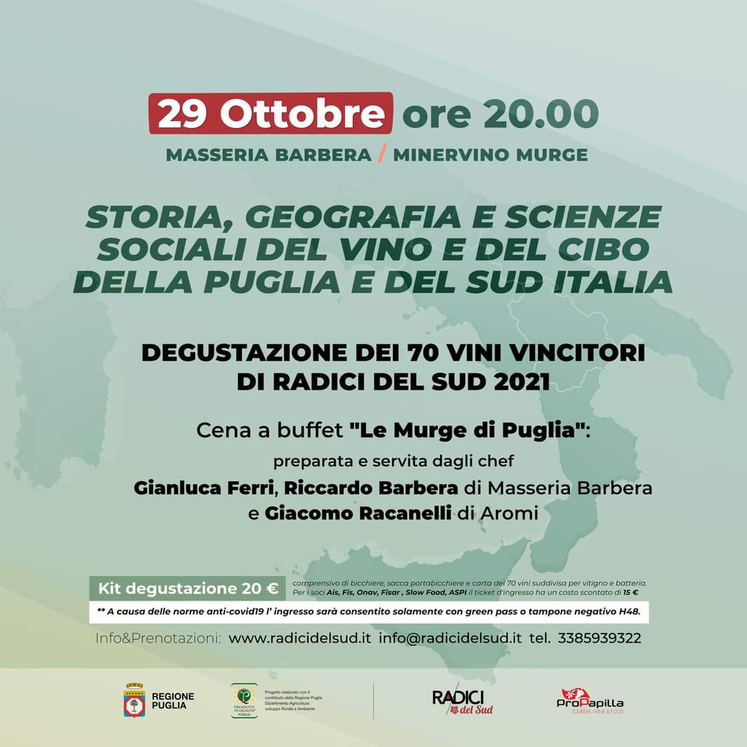 Venerdì 29 Ottobre a #MinervinoMurge presso #MasseriaBarbera dalle 20:00 degustazione dei 70 vini vincitori di #RadicidelSud2021 e cena servita a buffet dai cuochi della Masseria Barbera e di <a href="/aromibistrot/">Aromi</a> di #SannicandrodiBari
Ticket: metooo.it/e/asspettandor…
