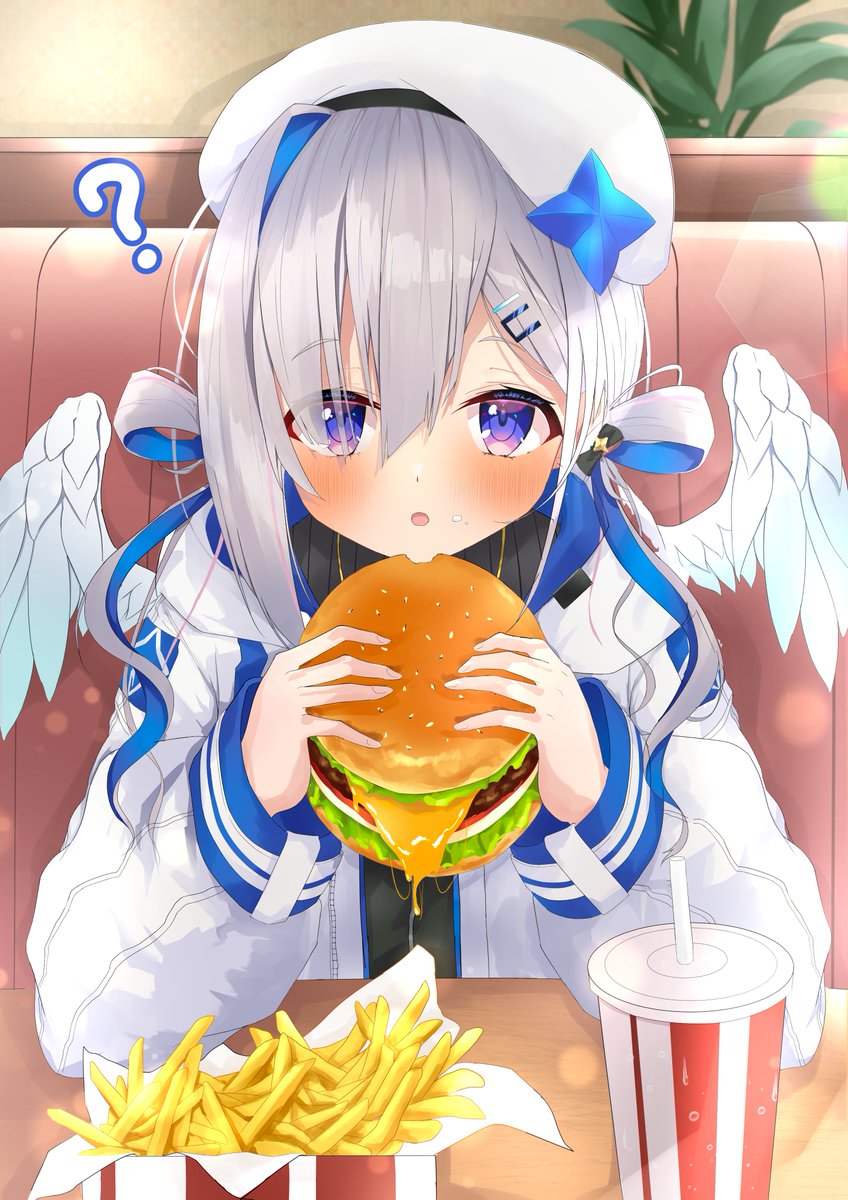 amane kanata 1girl burger food wings french fries hair rings hat  illustration images