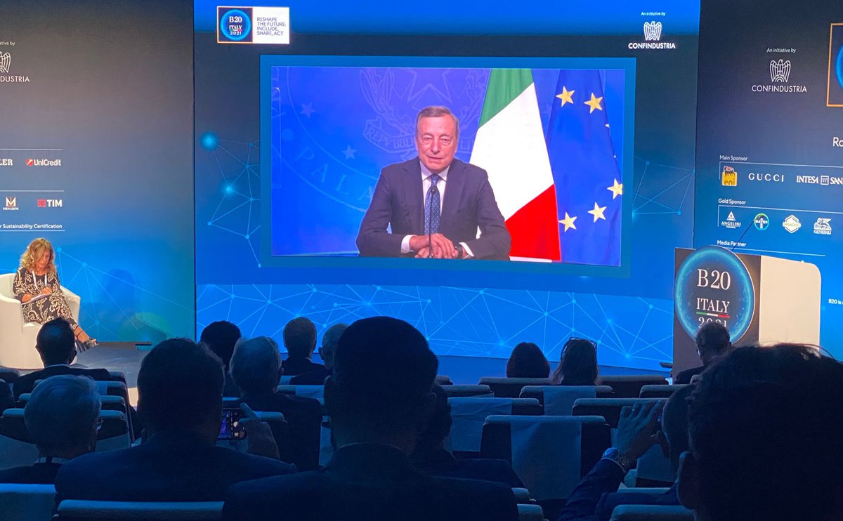 Mario Draghi, Premier ministre italien, intervient au <a href="/b20/">B20South Africa</a> devant les leaders du <a href="/G20_YEA/">G20 YEA</a> et des acteurs économiques internationaux.