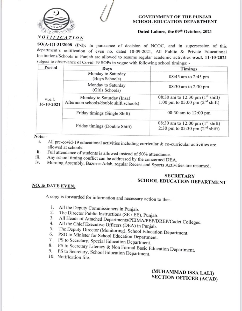 MuradRaasMR's tweet photo. NOTIFICATION 
The attached Notification has the timings for all Public Day Shift schools and Insaf Afternoon Schools of Punjab. Please follow SOPs issued by the Government. https://t.co/5qoIRUuNLw