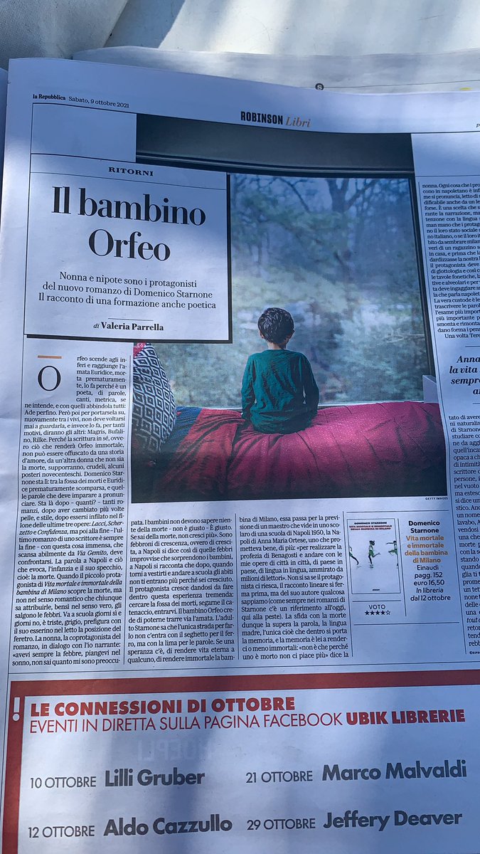 VentagliP's tweet photo. 🔹Il bambino Orfeo

@ValeriaParrell2 scrive su #VitaMortaleEImmortaleDellaBambinaDiMilano di Domenico Starnone @Einaudieditore 

Su @Robinson_Rep #n253 di oggi #9ottobre  

#DiVisteERiviste  
#AutunnoScultore su #VentagliDiParole https://t.co/7B7Ge86qJp