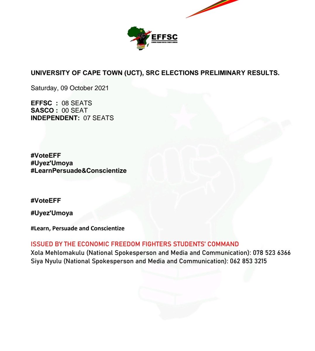 EFFYouthCommand's tweet photo. UNIVERSITY OF CAPE TOWN (UCT), SRC ELECTIONS PRELIMINARY RESULTS.

Saturday, 09 October 2021 

EFFSC  :  08 SEATS
SASCO :  00 SEAT
INDEPENDENT:  07 SEATS 

#VoteEFF 
#Uyez'Umoya
#LearnPersuade&amp;Conscientize

@EFFSouthAfrica https://t.co/OJj0wwIvfL