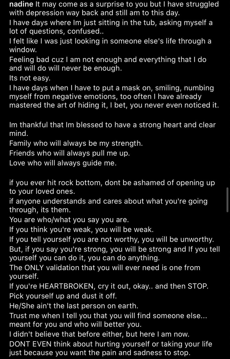 ninarome0's tweet photo. I can't finish reading this without getting emotional 'coz that's her heart right there.

Thank you for being so generous sharing your story, struggles and learnings, Nadine.

And thank you for always reminding everyone to KEEP GOING;

#KonsultaMDxNadine
NADINE FOR MENTAL HEALTH https://t.co/cj2tma4g2x