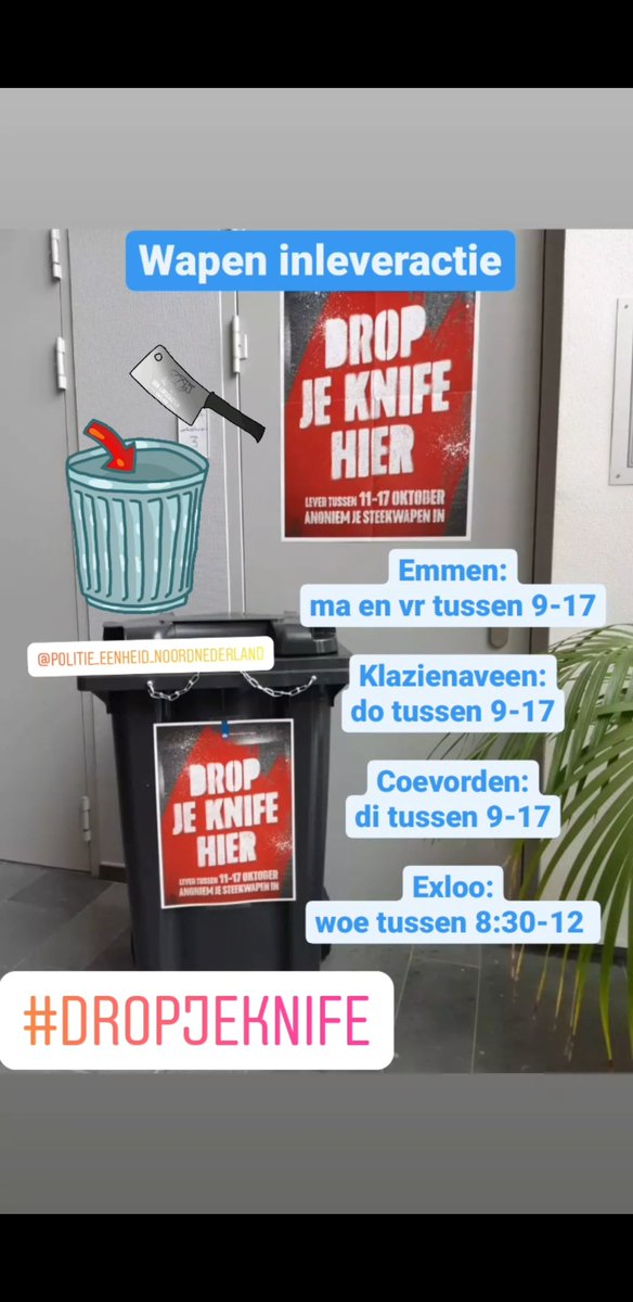 Tijdens de week van de veiligheid 11 t/m 17 oktober kun je anoniem en straffeloos jouw (steek-)wapen inleveren. Elk ingeleverd wapen is er namelijk eentje minder op straat! Kijk voor inleverlocaties op bit.ly/2YFuMqd #dropjeknife