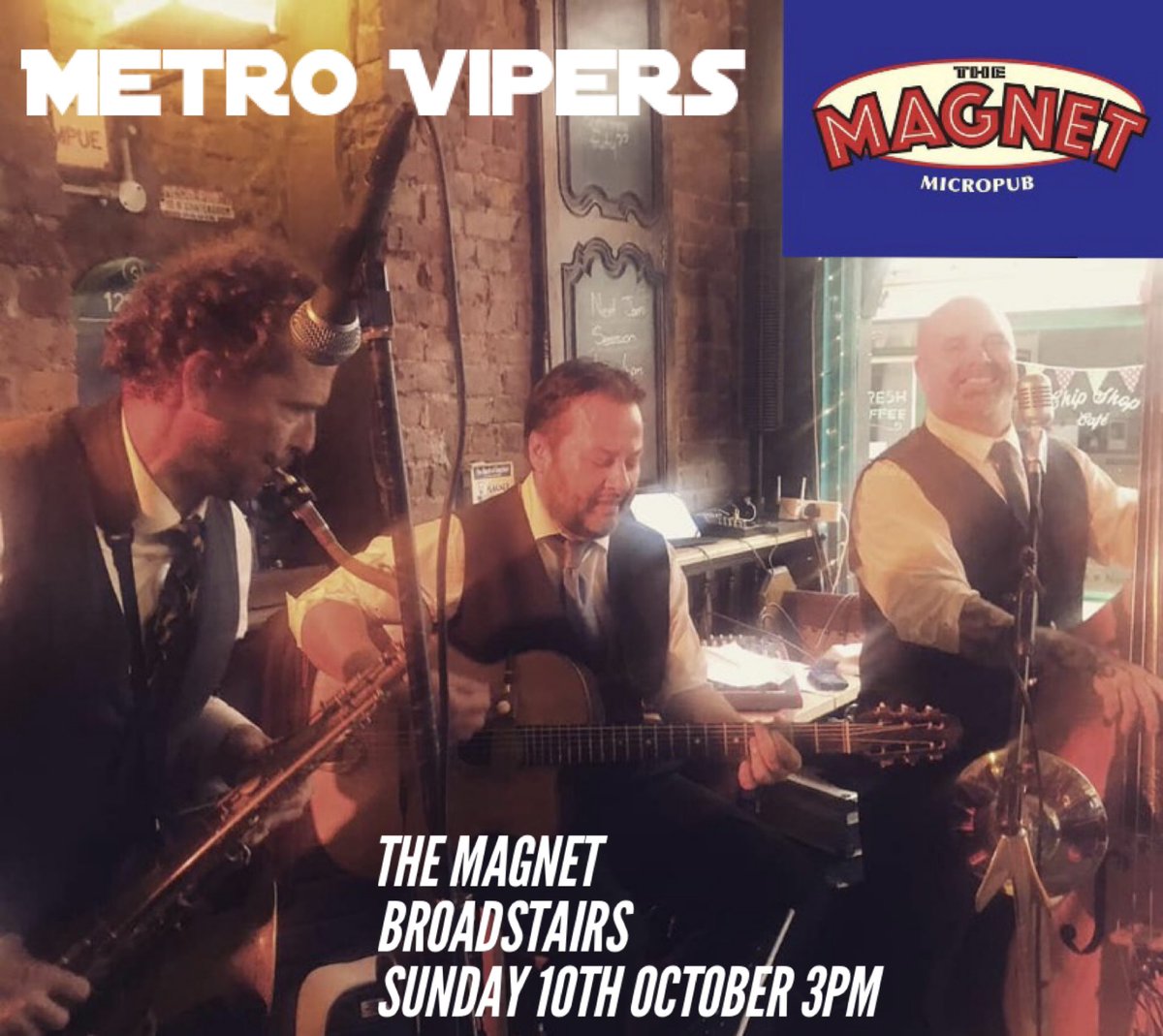 Tomorrow Sunday 10th October 3pm, we’re back at @Themagnetmicro1 ! Come on down and let us tickle your fancies with our crazy blend of swing jazz, mime & amateur dramatics #gypsyjazz #swingjazz #rocknroll #broadstairs #kent #broadstairskent #livemusic
