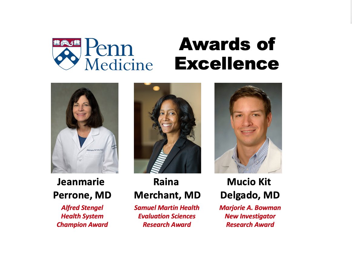 congrats to <a href="/JMPerroneMD/">Jeanmarie Perrone MD</a> <a href="/RainaMerchant/">Raina Merchant, MD MSHP FAHA</a> <a href="/kit_delgadoMD/">M. Kit Delgado, MD, MS</a> on important <a href="/PennMedicine/">Penn Medicine</a> health system awards!

3 emergency med faculty winning system-wide awards is unprecedented - grateful to Penn Med in recognition of EM citizenship.

EM is leading, both locally and nationally!