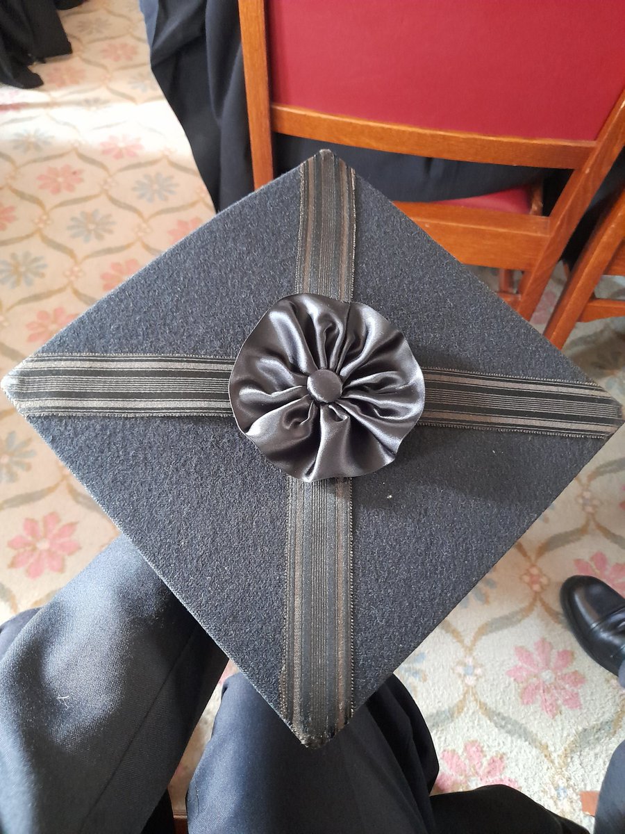 Prof Edwards' academic mourning cap, worn on the occasion of the death of a member of the royal family, the Chancellor, etc.