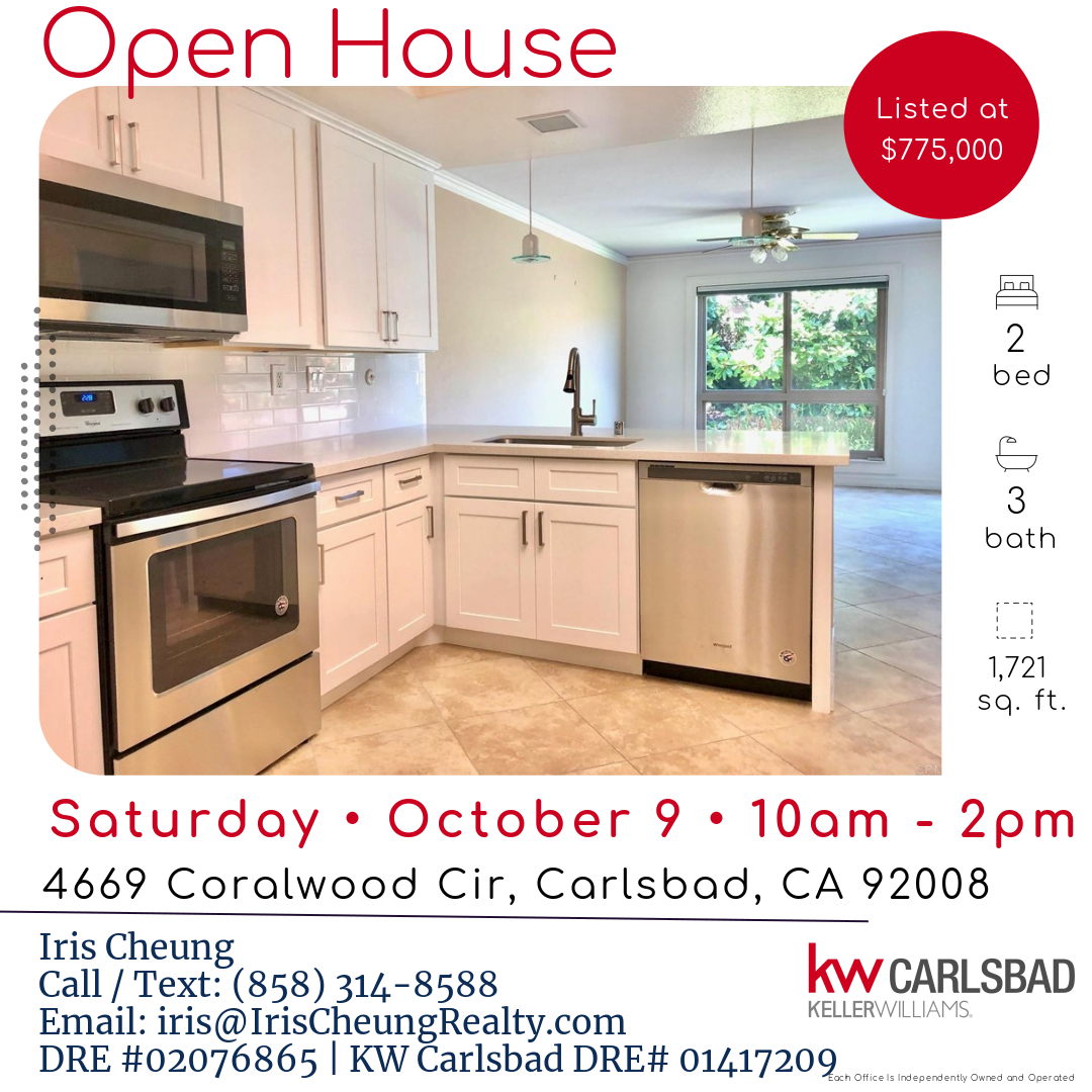 Open House, 10/9 (10am-2pm) - Come see this rare opportunity in Carlsbad.  4669 Coralwood Cir, Carlsbad | 2b | 3 ba | 1,712 sq. ft.| $775,000.
Call/Text: 858-314-8588 
#carlsbadagent #carlsbadrealestate #圣地亚哥 # 圣地亚哥房地产