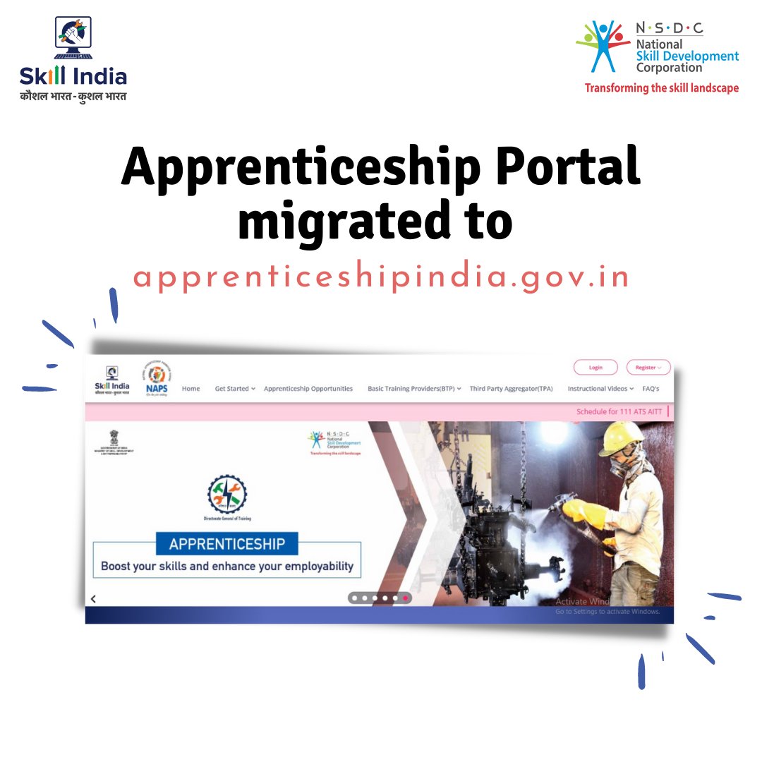 MSDESkillIndia's tweet photo. Apprenticeship Portal has been migrated from https://t.co/jUUrvviLLc to https://t.co/1lVIxhatyv. Henceforth https://t.co/1lVIxhatyv is the official web portal ID for all apprenticeship activities under Skill India Mission. https://t.co/tzrfCqlKRN