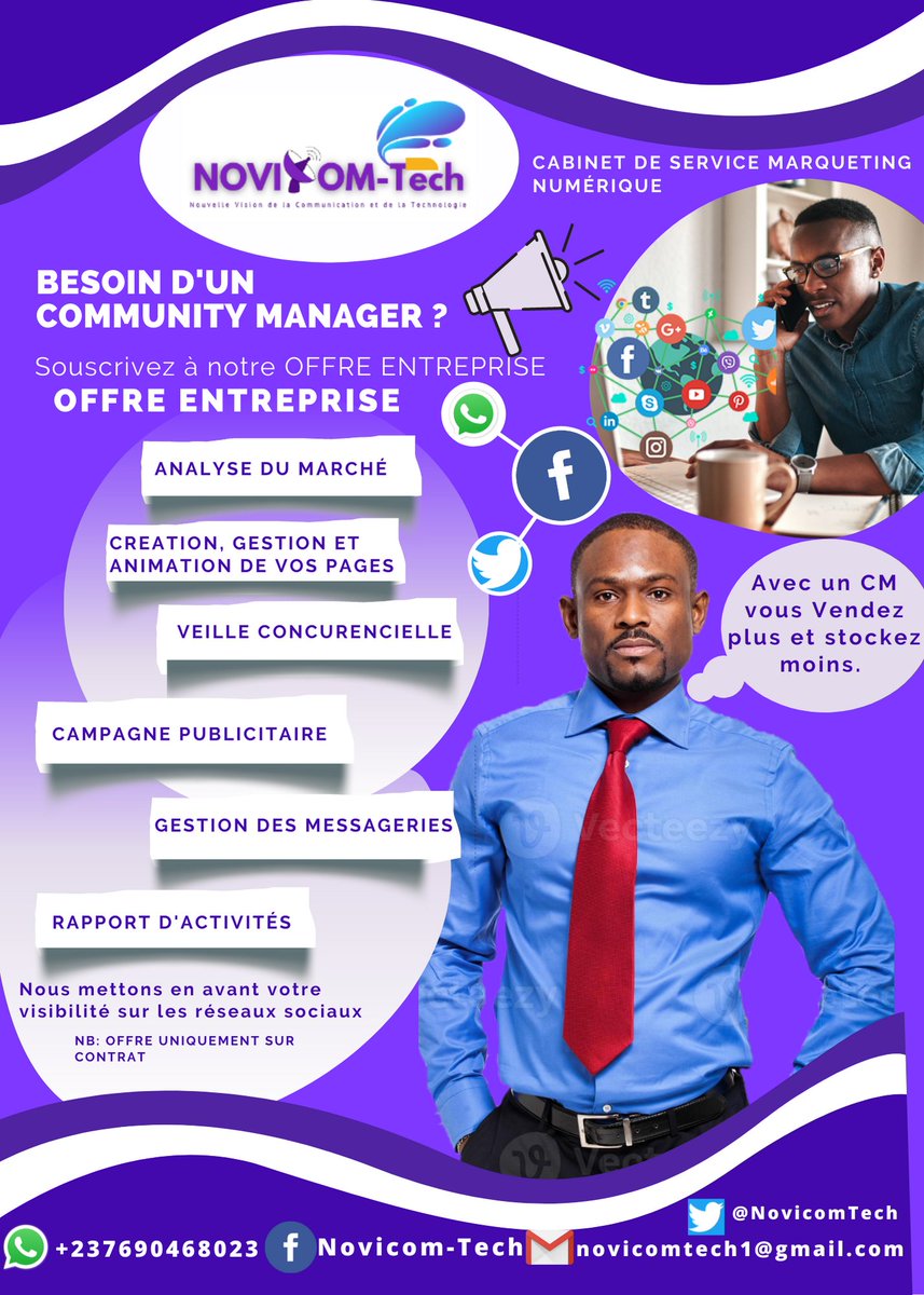 NovicomTech's tweet image. Vous êtes une #entreprise et vous souhaitez #Boostez votre chiffre d'affaires ? #Recrutez  un #communitymanager  pour gèrer, vos #Page s, #campagnepublicitaire  et c sur #Facebook, #instagram , #Twitter et c...

Entrez en contact WhatsApp en fesant un clic wa.me/237690468023