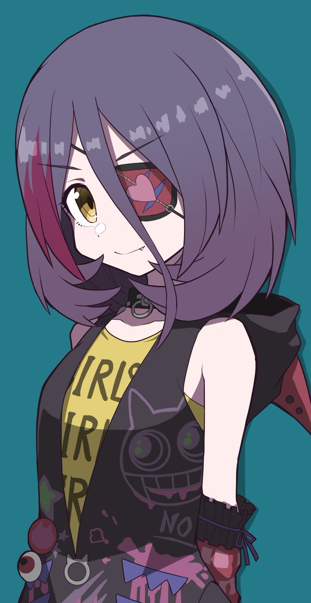 hayasaka mirei 1girl solo eyepatch hood purple hair smile simple background  illustration images