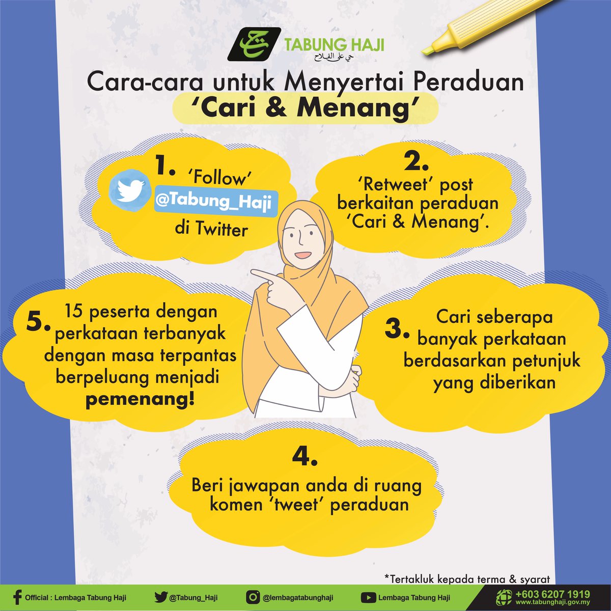 Tabung_Haji's tweet photo. Peraduan 'Cari &amp; Menang' bermula!

Antara syarat wajib haji adalah berkemampuan. Cari seberapa banyak perkataan berkaitannya &amp; tulis jawapan anda diruang komen.

Jangan lupa untuk retweet post ini 😉

#tabunghaji
#mampuhaji https://t.co/ltLxLjVMp3