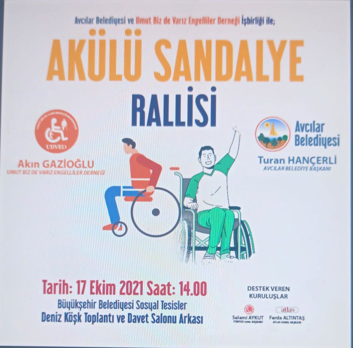 Her yıl geleneksel olarak düzenlemiş olduğumuz akülü sandalye yarışmasını,  Avcılar Belediye Başkanı Sayın  av.Turan Hançerli'nin desteğiyle Avcılar'da gerçekleştireceğiz. tüm engelli arkadaşlarımı ve gönül dostlarını bekliyoruz.