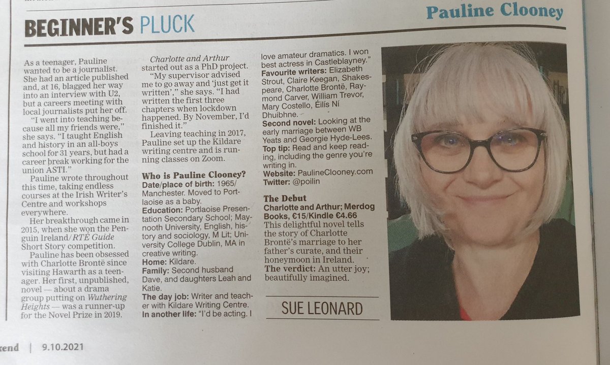 poilin's tweet photo. Many thanks to @Suejleonard for featuring me in her #beginnerspluck section in today's @irishexaminer weekend magazine @IEArtsCulture And the U2 bit is true...I was 16...and full of teenage swag. Oh to be there again! #CharlotteandArthur #BookReview @MerdogBooks #U2 https://t.co/BbhULZtx0h