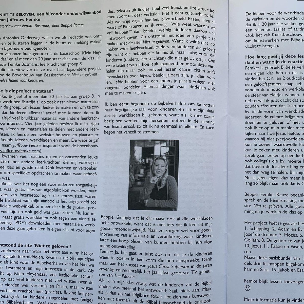 Een tijdje geleden werd ik geïnterviewd over mijn project 'Niet te geloven - Bijbelverhalen voor kinderen.'
juffrouwfemke.com/product-catego…
Vorige maand stond het in het parochieblad van de Antonius van Paduakerk in Nijmegen-Oost.