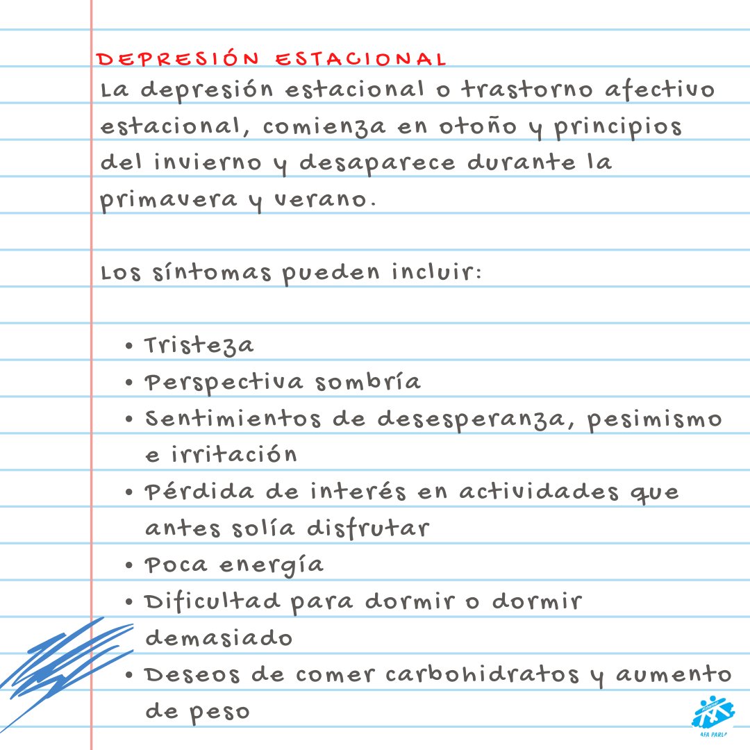 AENMAong's tweet photo. En enfermos de alzheimer, la depresión estacional puede dar lugar a cambios conductuales.
Es importante mantener una rutina, realizar actividades gratificantes para ellos e intentar que mantengan buen descanso en la noche. 🙂
#afaparla #parla #depresionestacional #otoño https://t.co/Rqcl0ggoht