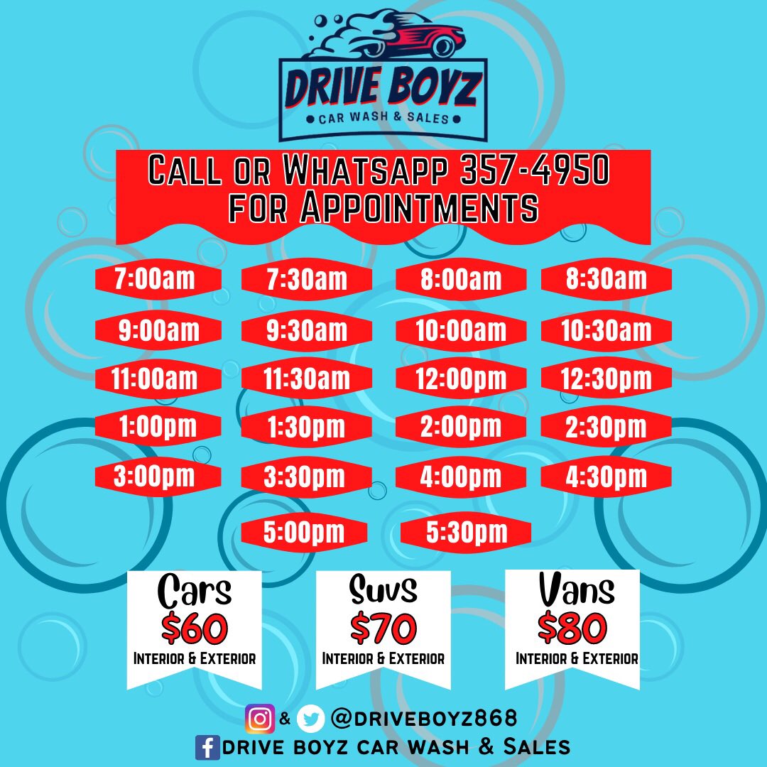 driveboyz868's tweet photo. Need to get your Vehicle washed ? 🚘

Just Call or WhatsApp our hotline at (868)-357-4950 🧼🧽

#DriveBoyzCarWash https://t.co/5JnHj8jpyY