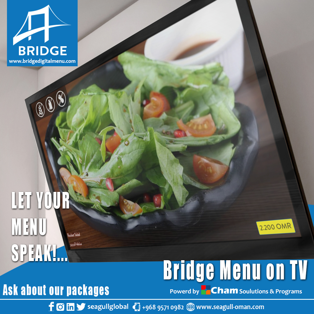 LET YOUR MENU SPEAK with Bridge Digital Menu on TV....
Powered by Cham Solutions &amp; Programs
For more information:
bridgedigitalmenu.com
#omanbusiness #oman_restaurants #muscatfoodies #muscatfoodbloggers #muscat #muscatoman #oman