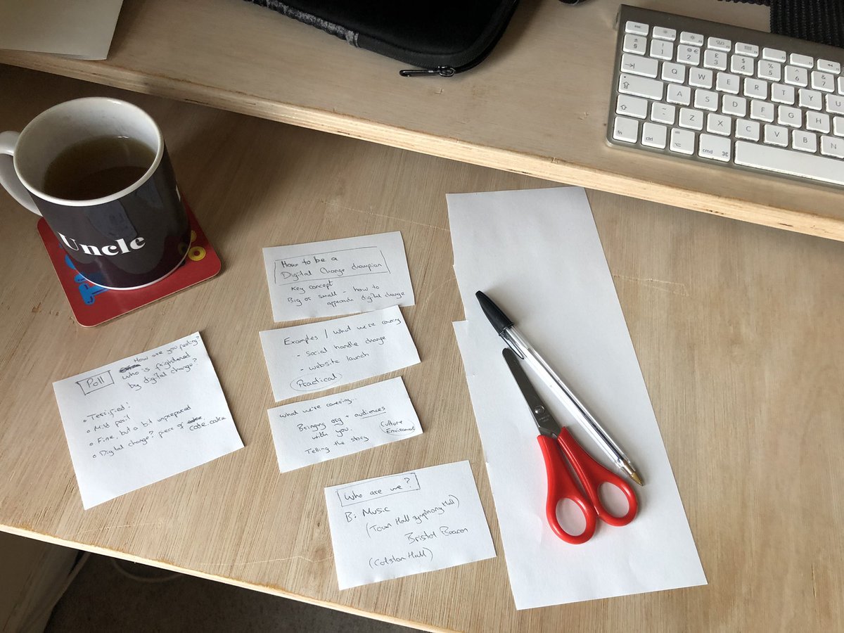 1st rule of ‘How to be a digital change champion’ - be less digital 😆

Currently prepping for my <a href="/amadigital/">Arts Marketing Association</a> #AMAConf session talking about <a href="/Bristol_Beacon/">Bristol Beacon</a> &amp; <a href="/BMusic_Ltd/">B:Music, responsible for Symphony Hall & Town Hall</a> with the classic pen, paper, scissors approach. 

Loads of great talks this year 👇
a-m-a.co.uk/conference/pro…