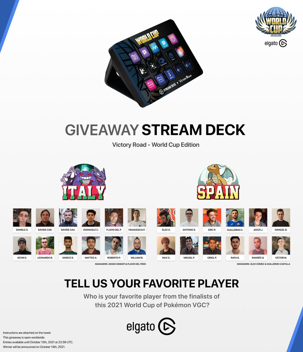 VGCVictoryRoad's tweet photo. We're giving away a LAST @elgato Stream Deck - World Cup limited edition to celebrate this GRAND FINALS weekend! 🤪

Steps:
1️⃣ Follow @elgato &amp; @VGCVictoryRoad 
2️⃣ RT this tweet
3️⃣ Reply this tweet with your favorite player!

🌎 Open worldwide
📅 Ends Oct 13 @ 23:59 UTC https://t.co/XWy4AdyyGW