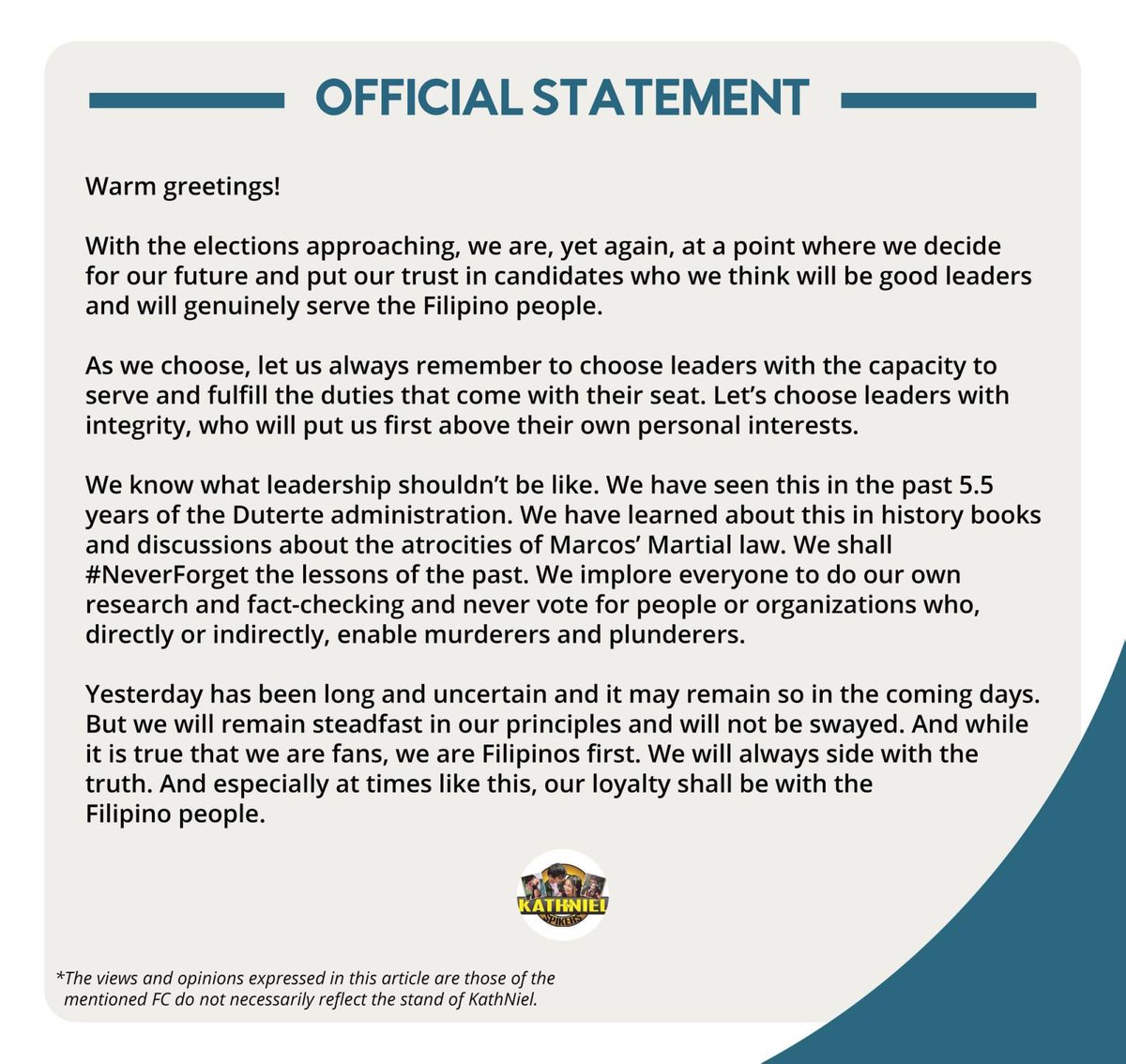 KATHNIELSpikers's tweet image. We stand our ground. Ito ang nagkakaisang naming paninindigan. Beyond being fans, we are Filipinos first. Hindi ito ang panahon ng pananahimik. Panahon ito para manindigan—para sa tama at para sa sambayanan.

#WeRegisterAsOne 
#BeAResponsibleFilipino