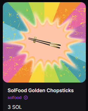 Someone just listed their Golden Chopsticks on MagicEden. It's the first SolFood Airdrop NFT listed. What do you guys want for the next airdrop?
@MagicEden_NFT #Solana #SolanaNFT