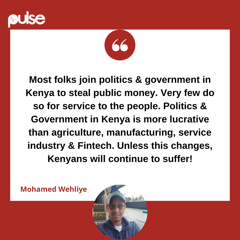 PulseLiveKenya's tweet photo. "Most folks join politics &amp; government in Kenya to steal public money. Very few do so for service to the people." - @WehliyeMohamed https://t.co/J2gWlZoFgG