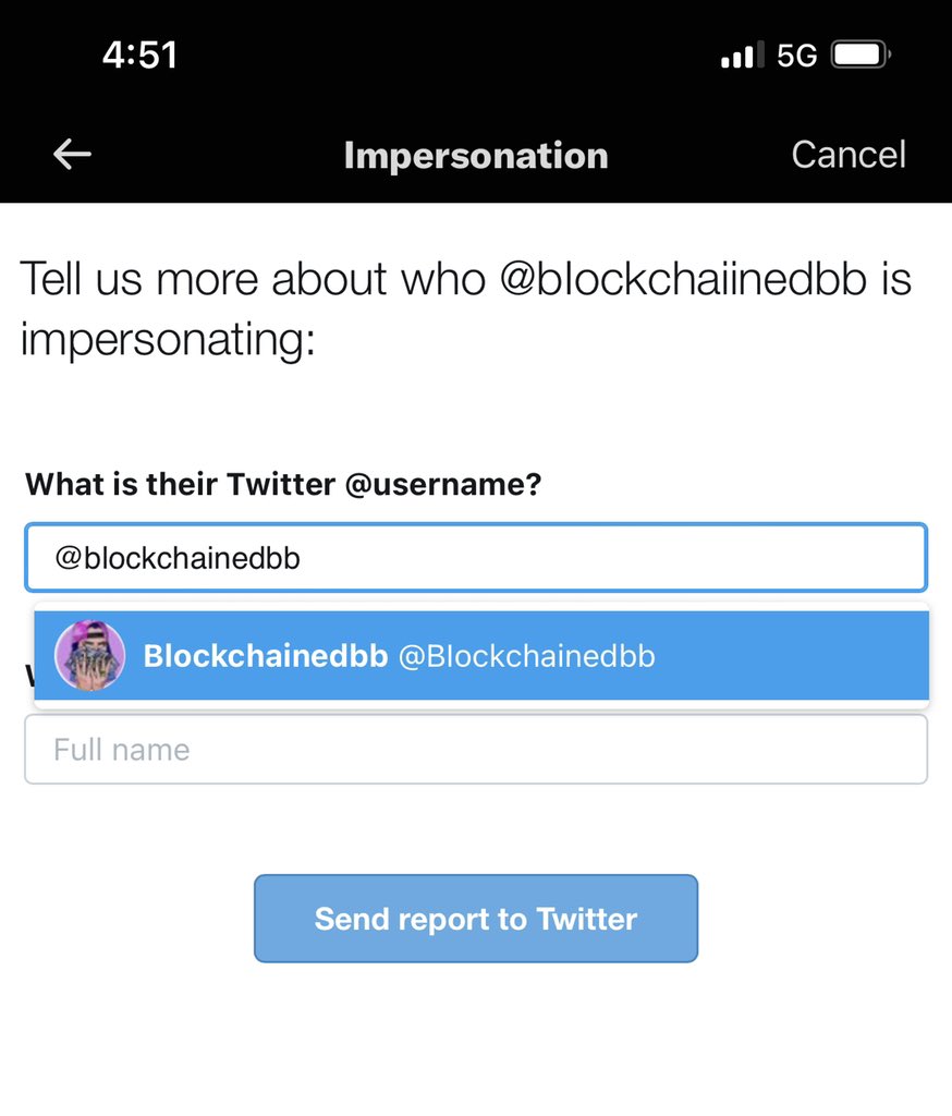 DogeX_Devin's tweet photo. @blockchainedbb Even worse, twitter’s not even giving me the option to select the real you when reporting the person they’re trying to impersonate https://t.co/u1vejNDI8a