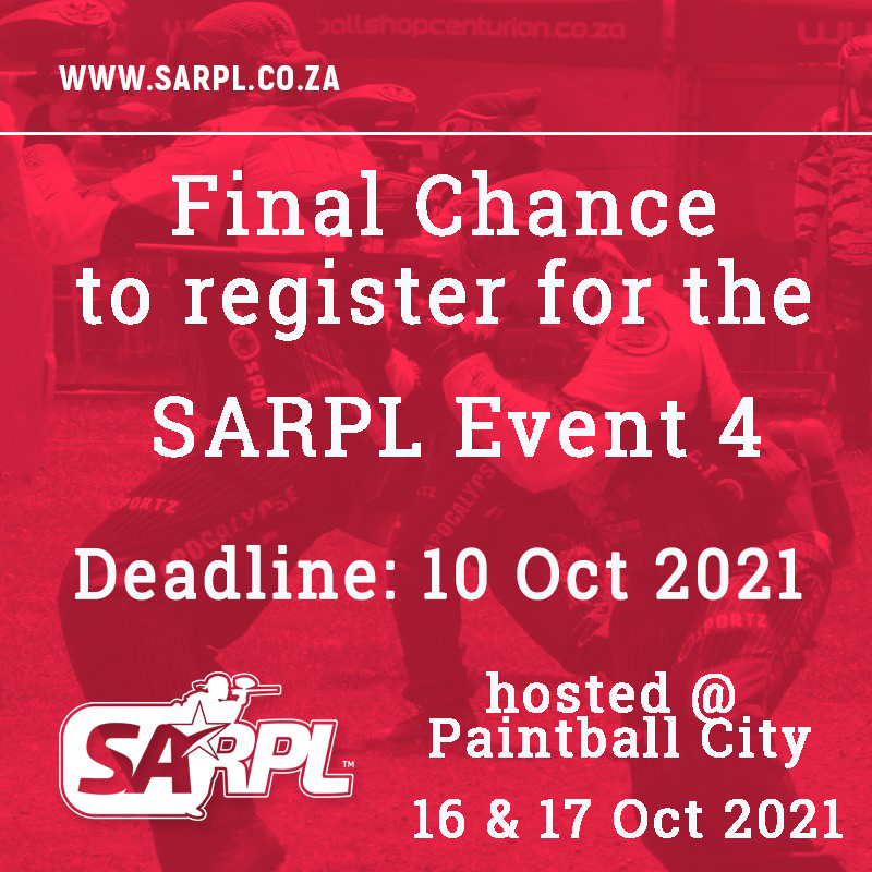rplsa's tweet photo. SARPL Event 4 2021 Final Deadline Approaching by 10 Oct 2021. Join us for the SARPL Event 4 hosted at Paintball City on 16 &amp; 17 Oct 2021 - https://t.co/YiMn2LX9hI https://t.co/lSr5UkePqB