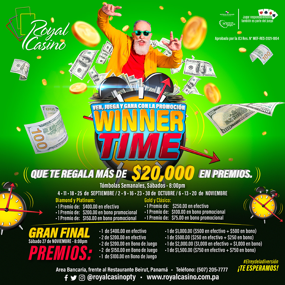 Royal Casino (@royalcasinopty) on Twitter photo Ven HOY y GANA con la promoción WINNER TIME son más de $20,000.00 en premios. todos los sábados 8pm
Recuerda que debes ser afiliado del Royal Club.
TE ESPERAMOS!
<a href="/royalcasinopty/">Royal Casino</a> #elreydeladiversión #cuidatudiversión Ven HOY y GANA con la promoción WINNER TIME son más de $20,000.00 en premios. todos los sábados 8pm
Recuerda que debes ser afiliado del Royal Club.
TE ESPERAMOS!
<a href="/royalcasinopty/">Royal Casino</a> #elreydeladiversión #cuidatudiversión