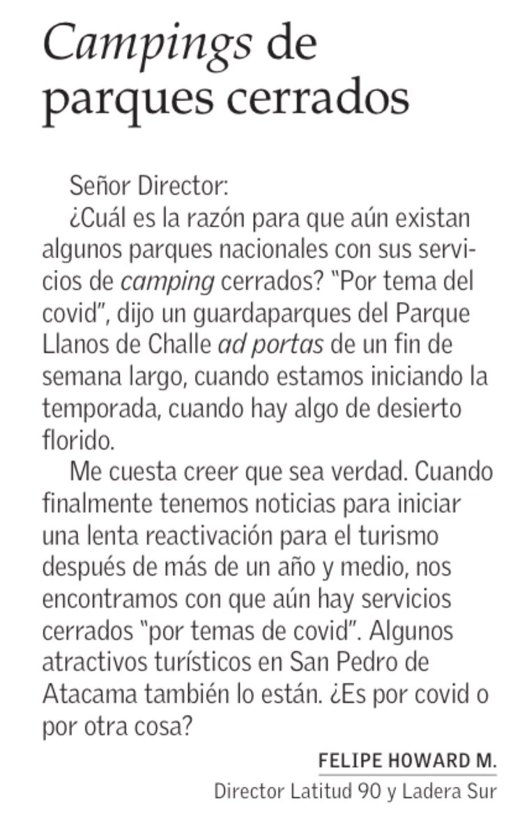 Muy lamentable e inexplicable que campings de <a href="/conaf_minagri/">CONAF - Corporación Nacional Forestal</a> sigan en la mayor parte cerrados y que los Parques Nacionales sigan con absurdas reglas de aforo y burocracia para poder ingresar. Necesitamos promover más y mejor acceso a naturaleza por salud mental y física.
