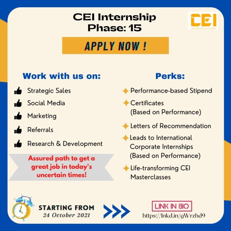 truptilahiri's tweet photo. Announcing CEI INTERNSHIP PROGRAMME PHASE-15...

The CEI Internship Prog develops In-Demand Soft-Skills in students from all domains, enhancing their probability of success in the Post-COVID World &amp; their ability to stand out. 

Apply NOW to get the edge: https://t.co/hZaTwlshy0 https://t.co/wmFoYODQRj