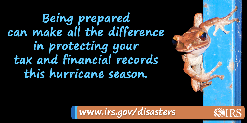 IRSnews's tweet image. Are your tax documents and financial information protected in case of a natural disaster strikes? Get #HurricaneStrong with #IRS tips: go.usa.gov/xHpEN