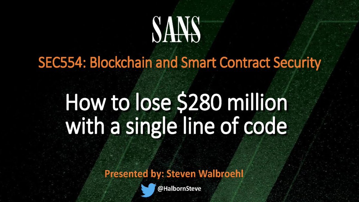 SANSOffensive's tweet photo. In this video, @HalbornSteve performs a live demonstration, ethically exploiting vulnerabilities found in Ethereum smart contracts that are deployed on the blockchain. https://t.co/8D3G4PMEof
Learn more about our new #blockchain course, #SEC554: https://t.co/AjuklbWwYS https://t.co/Fcca5oXuCB