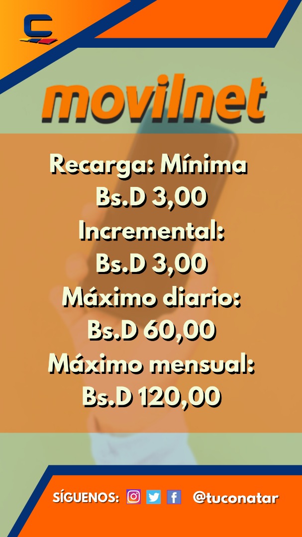 TuConatar's tweet photo. Feliz día familia #Conatar! A partir de hoy #9DeOctubre se incrementan los montos máximos de recarga para #Movilnet:
✅ Máx diario: Bs.D 60,00
✅ Máx mensual: Bs.D 120,00
Se mantienen los montos para:
✅ Recarga mínima: Bs.D 3,00
✅ Múltiplos: Bs D 3,00 https://t.co/8qegsiMF8L