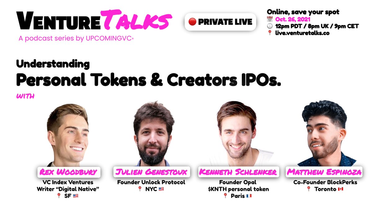🔥Check our next Live Venture Talks!

Personal Tokens &amp; Creators IPOs
Oct. 26
lu.ma/PersonalTokens…

Building the Future of Play-To-Earn Games Companion Apps
Nov. 9
lu.ma/SorareData-Ven…

🔒Free for our <a href="/VentureNotes_/">Venture Notes</a> premium members.

Not one? DM me for a 25% discount ✨