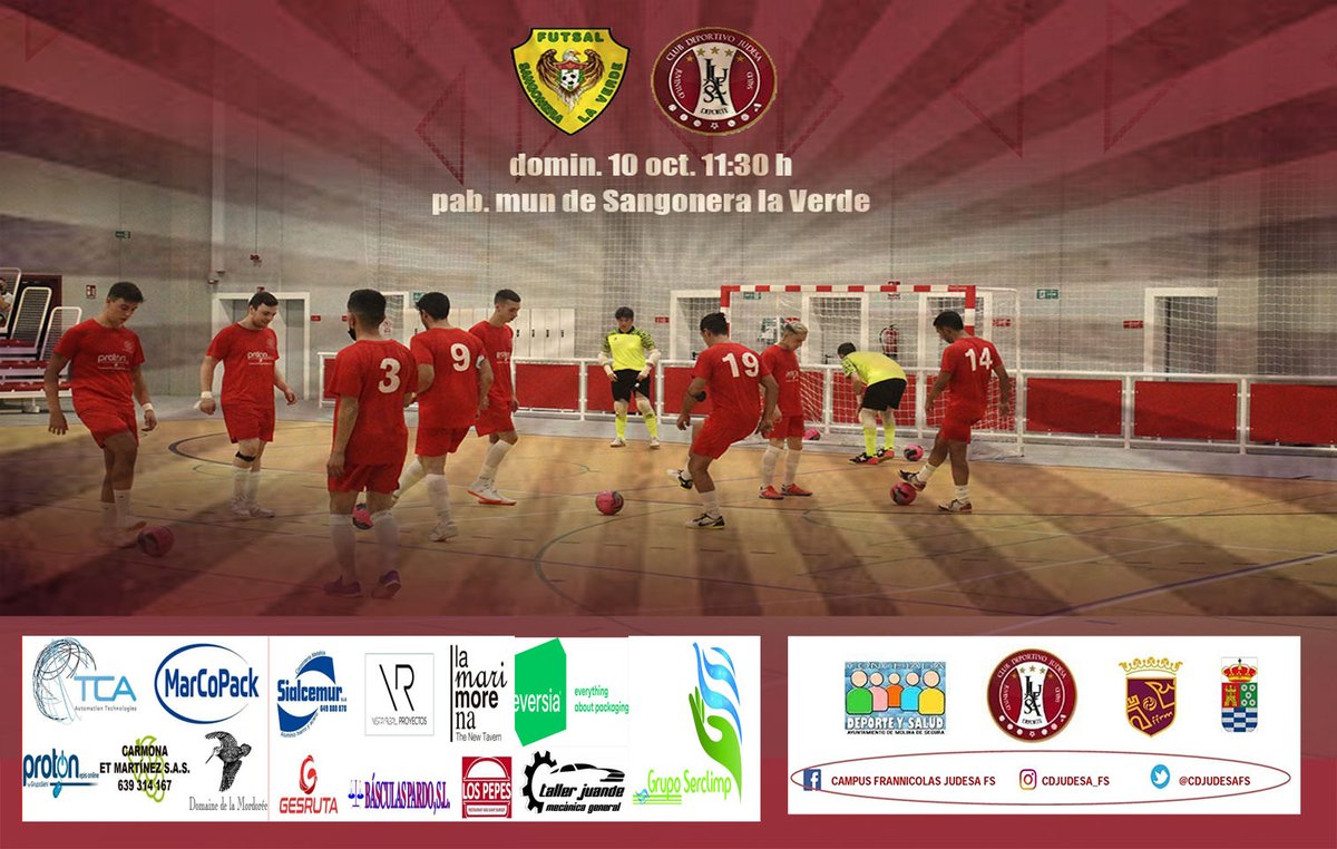 Partido equipo senior 
domingo 10 de octubre 
jornada 3 preferente fs ffrm 
pab. de sangonera la verde @futsalmsc
11:30 h 
#somosjudesa #somosfutsal #ayutdemolinadesegura