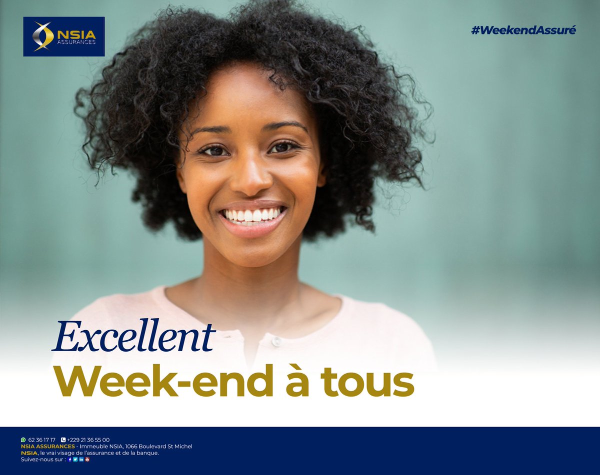 [#weekendAssuré]

Nous vous souhaitons d'excellents moments aux côtés de ceux qui vous sont chères.

#NSIAASSURANCES #GroupeNSIA #bonweekend  #Weekend #NSIAAssurancesBenin
