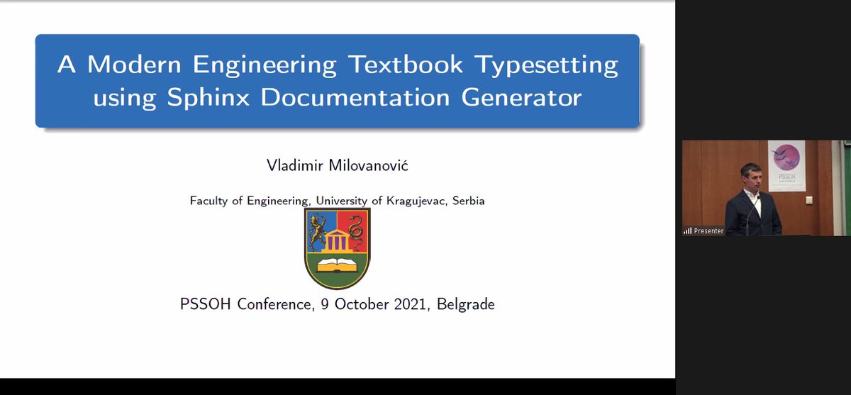 lessormore4's tweet photo. Interactive #engineering #Textbooks with #Sphinx documentation, Vladimir Milovanoviฤ at #PSSOH #reStructuredText #LaTex @pssoh_etf #OpenSource #FLOSS https://t.co/lUPVybxZ79