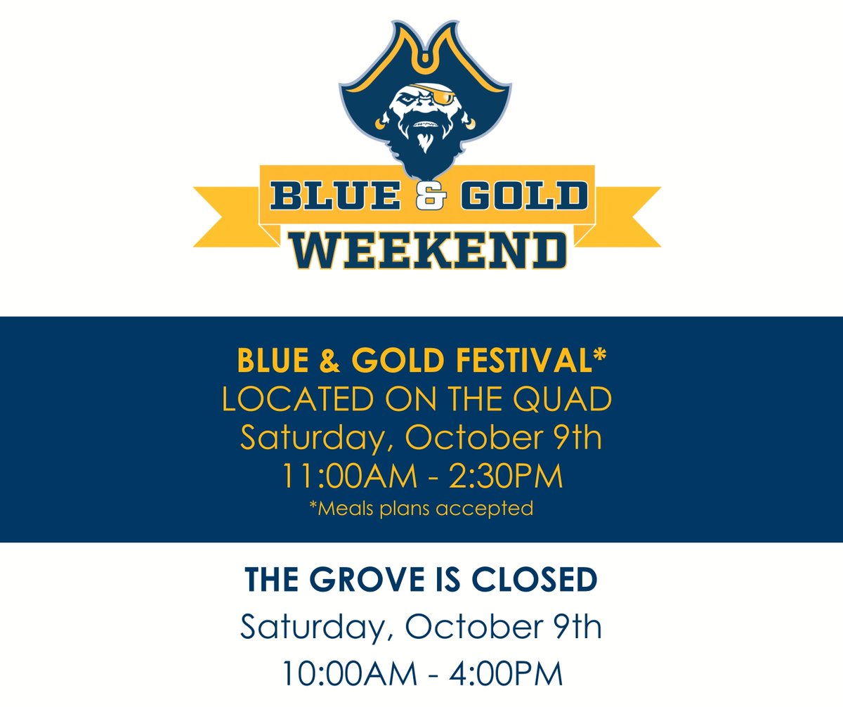 Reminder! Blue &amp; Gold Festival on the Campus Center Quad from 11:00am-2:30 (meal plans accepted) 
*The Grove is closed 10:00am-4:00pm*