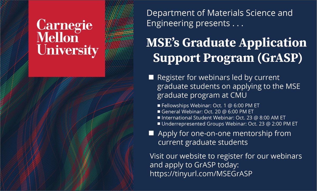 CMU College of Engineering (@cmuengineering) on Twitter photo .<a href="/cmu_mse/">CMU Materials Science & Engineering</a> is excited to announce its 2nd annual Graduate Application Support Program, with webinars and panels on dept. research, culture, and grad app process, plus 1:1 mentorship from current grad students for applicants. Register and apply today: tinyurl.com/MSEGrASP .<a href="/cmu_mse/">CMU Materials Science & Engineering</a> is excited to announce its 2nd annual Graduate Application Support Program, with webinars and panels on dept. research, culture, and grad app process, plus 1:1 mentorship from current grad students for applicants. Register and apply today: tinyurl.com/MSEGrASP