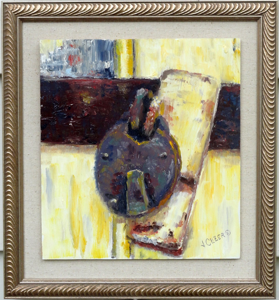 jclizer's tweet photo. An old lock and hasp on a painted yellow door - weathered by the salt air in Montrose on Scotland's NE coast.  So fun to squint and try to determine the not-so-obvious colours of things!  I regularly see a variety of colours in grays . . . do you?
~  jan
https://t.co/BQfn2RCx6w https://t.co/tT9fe20aid