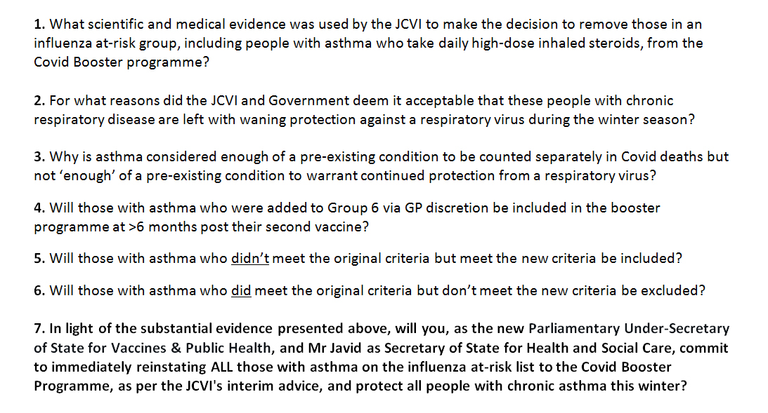@maggie_erewash <a href="/NHSEngland/">NHS England</a> What about under 50s with chronic asthma who need daily inhaled steroids just to breathe and were included in the Interim Advice but then excluded at the last minute?

Here's what we'd like to know - please answer:

#AsthmaticsAtRisk #FluJabEqualsCovidBooster #AsthmaticsUnder50