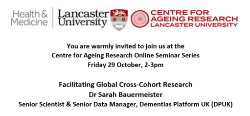 🗣️ @S_Bauermeister <a href="/DementiasUK/">Dementias Platform UK</a> on Facilitating #Global Cross-Cohort #research
📅29/10 
⏲️ 14.00 (UK time)
👉bit.ly/3FvrOFCin 

Full research seminar series 
👉bit.ly/2WZBira
 
<a href="/DefyDementiaLU/">Defying Dementia</a> <a href="/DementiaUK/">Dementia UK</a> <a href="/alzheimerssoc/">Alzheimer's Society</a> <a href="/alzassociation/">Alzheimer's Association</a> <a href="/AlzResearchUK/">Alzheimer's Research UK</a> <a href="/CarersTrust/">Carers Trust</a>