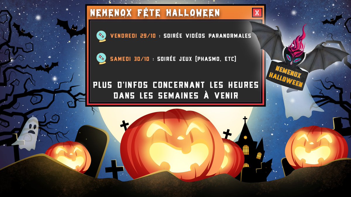 🎃 𝙰̀ 𝚕’𝚘𝚌𝚌𝚊𝚜𝚒𝚘𝚗 𝚍’𝙷𝚊𝚕𝚕𝚘𝚠𝚎𝚎𝚗, 𝙽𝚎𝚖𝚎𝚗𝚘𝚡 𝚟𝚘𝚞𝚜 𝚙𝚛𝚘𝚙𝚘𝚜𝚎 𝟸 𝚙𝚎𝚝𝚒𝚝𝚎𝚜 𝚜𝚘𝚒𝚛𝚎́𝚎𝚜, 𝚕𝚎 𝟸𝟿 𝚎𝚝 𝚕𝚎 𝟹0 𝚘𝚌𝚝𝚘𝚋𝚛𝚎 !  🎃

Pour plus d'infos 👉discord.gg/aVvyf4Y

RT &amp; Likes appréciés 🤎🧙